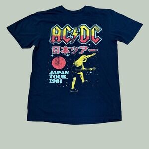 AC/DC Japan Tour 1981 Graphic T-Shirt Black Cotton Rock Band Tee Mens Medium